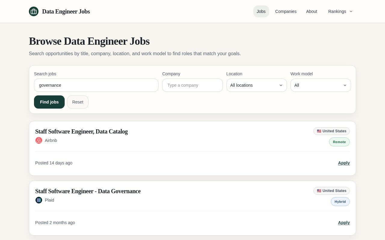 Data Engineer Jobs search results for governance, listing data catalog and governance roles